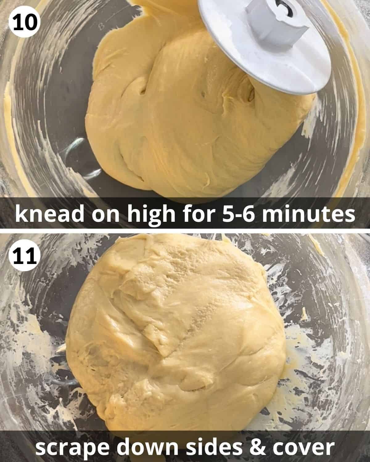 A two photo collage showing steps 10 through 11 for brown butter cinnamon rolls.