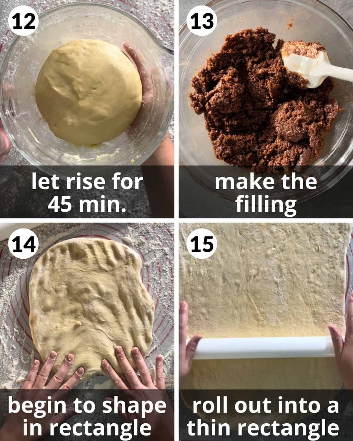 A four photo collage showing steps 12 through 15 for brown butter cinnamon rolls.