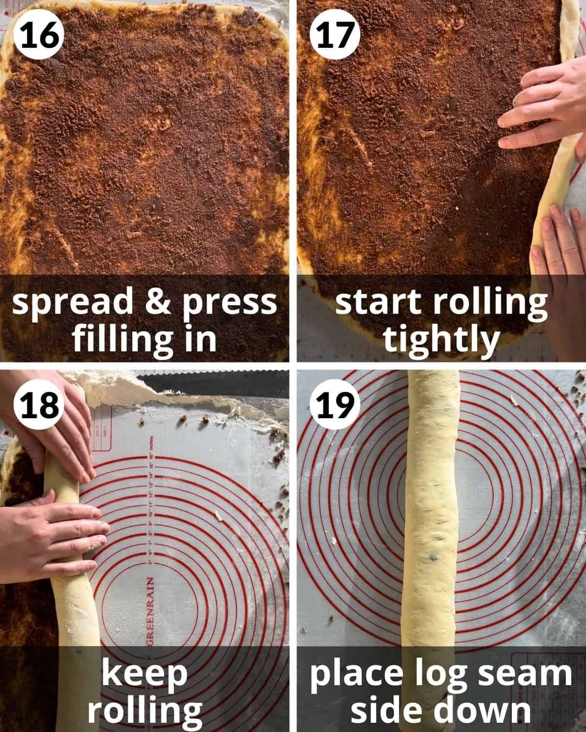 A four photo collage showing steps 16 through 19 for brown butter cinnamon rolls.