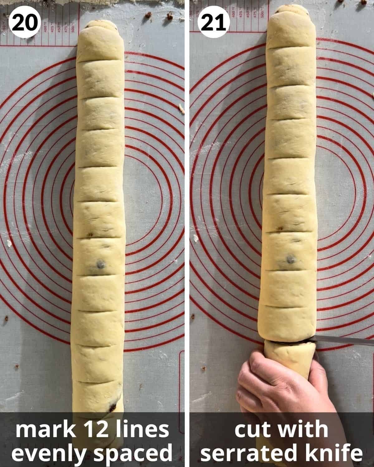 A two photo collage showing steps 20 & 21 for brown butter cinnamon rolls.