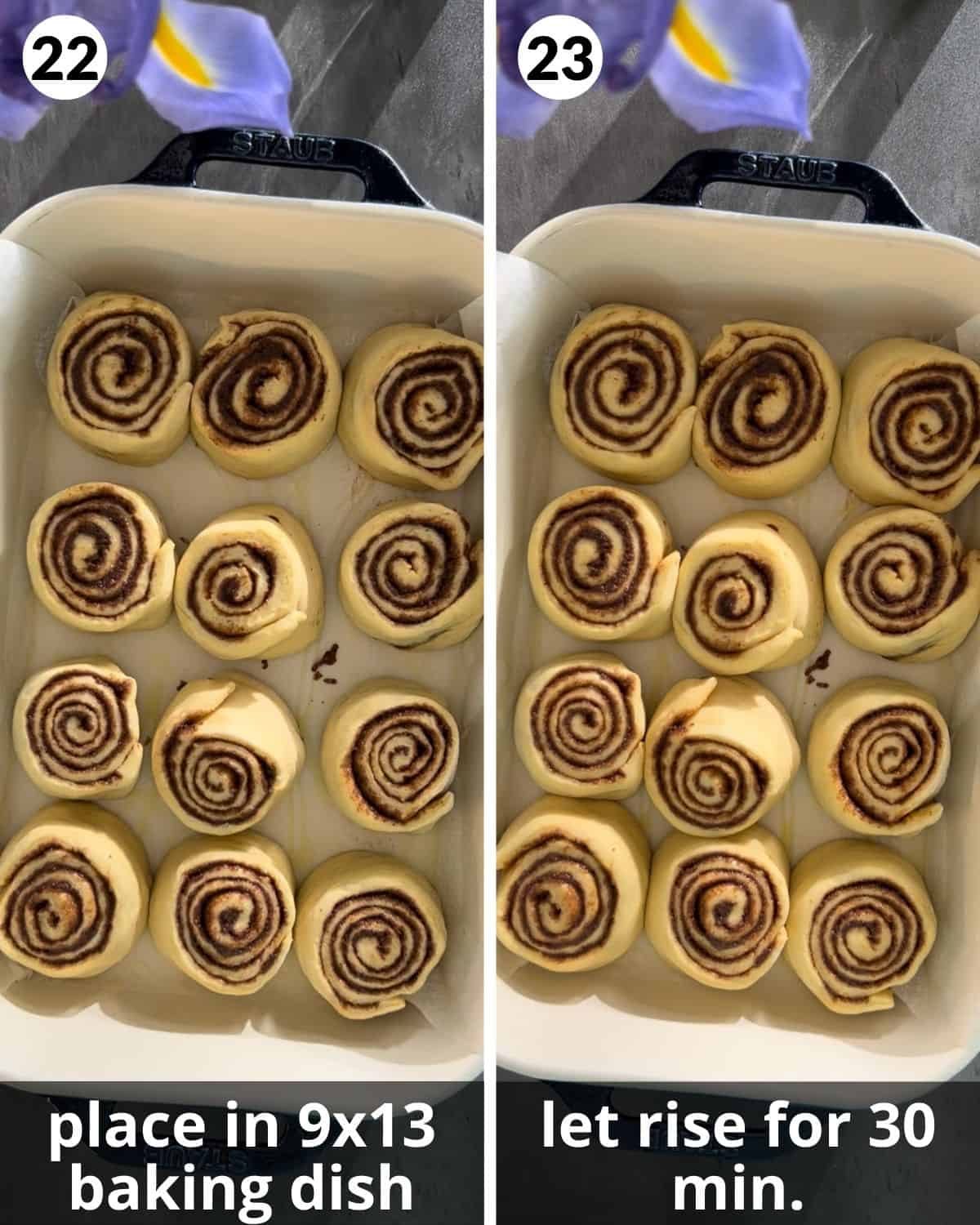 A two photo collage showing steps 22 & 23 for brown butter cinnamon rolls.