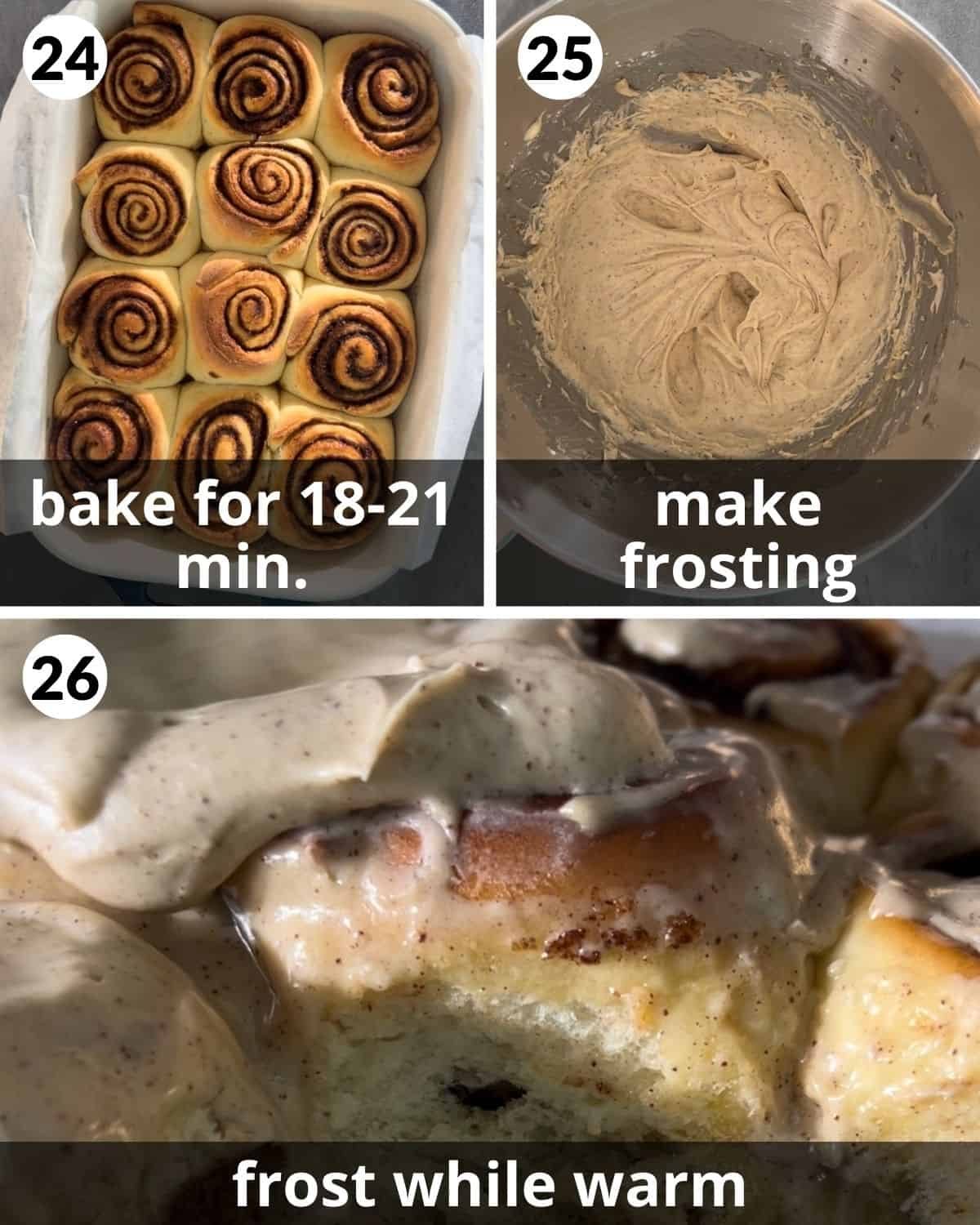 A three photo collage showing steps 24 through 26 for brown butter cinnamon rolls.
