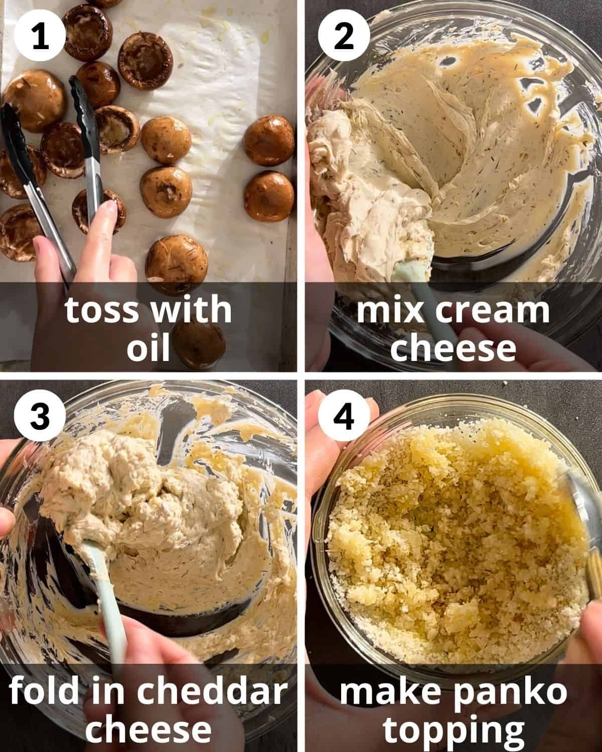 A four photo collage showing the first four steps for cream cheese stuffed mushrooms.