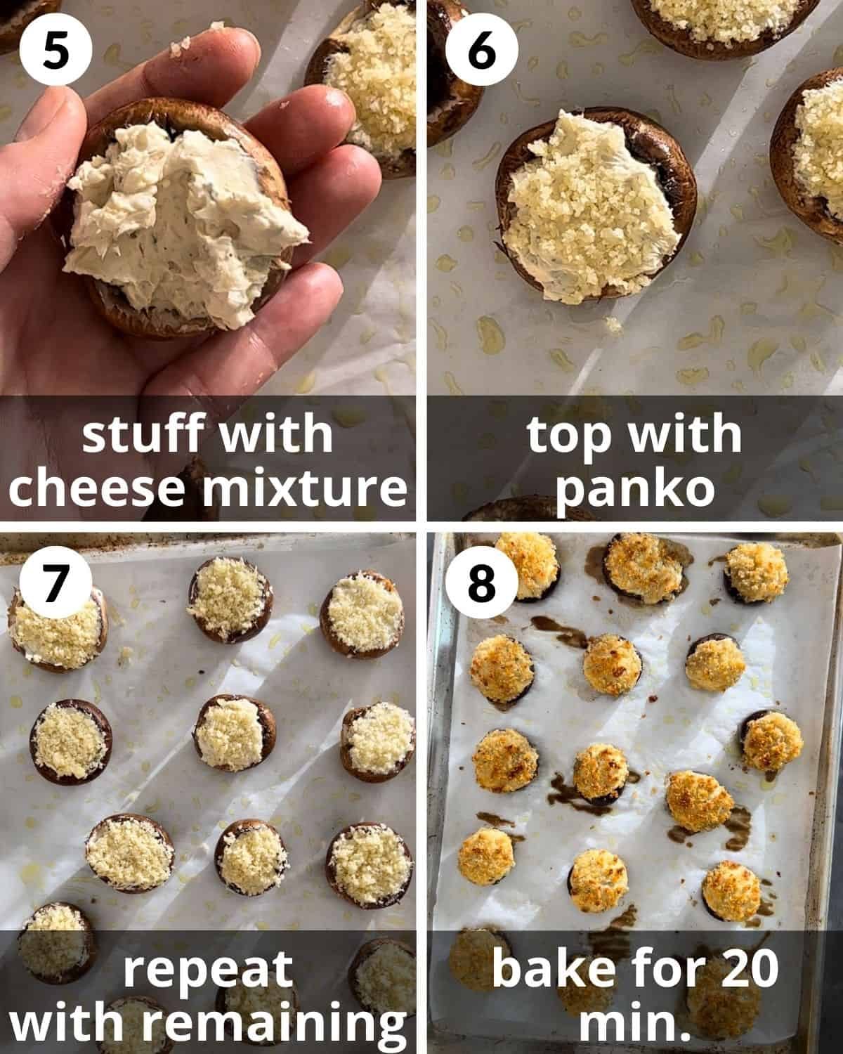 A four photo collage showing the final steps for cream cheese stuffed mushrooms.
