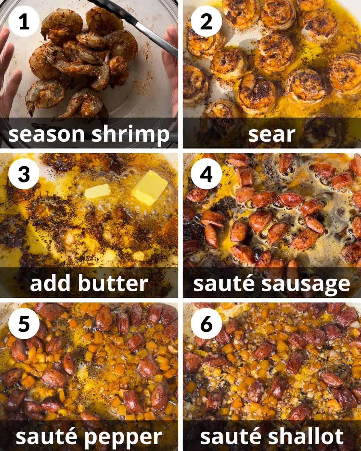 A 6 photo collage showing the assembly of creamy cajun shrimp and sausage pasta.