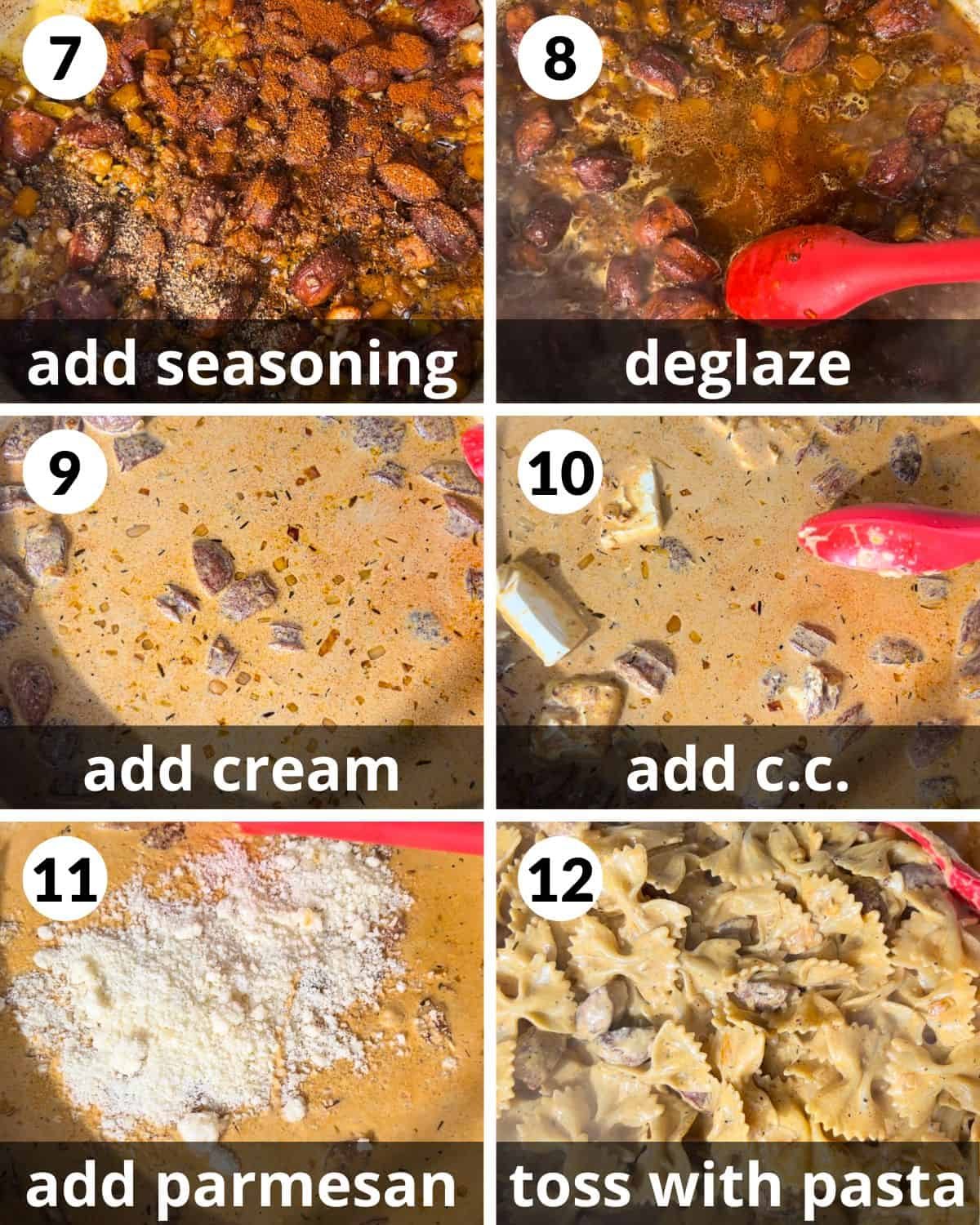 A 6 photo collage showing the final assembly of creamy cajun shrimp and sausage pasta.