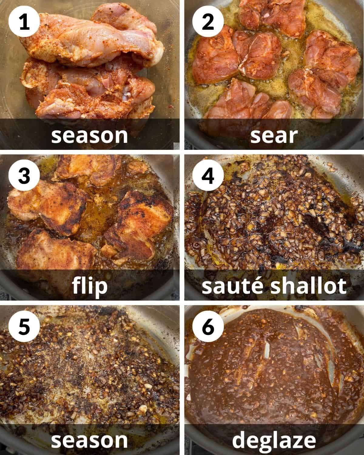 A 6 photo collage showing the beginning assembly of creamy chicken and mashed potatoes.