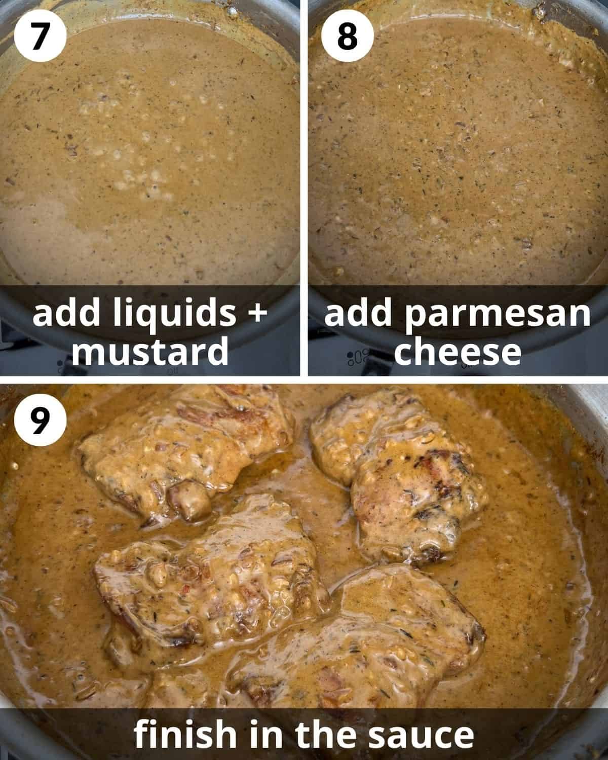 A 3 photo collage showing the final assembly of creamy chicken and mashed potatoes.