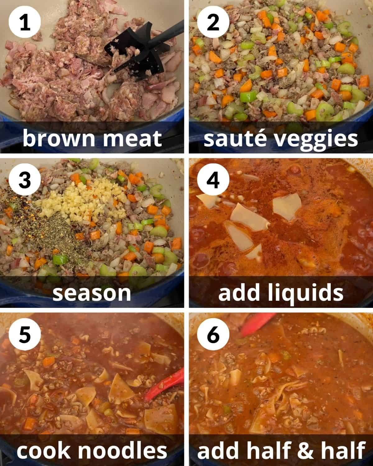 A 6 photo collage showing the steps to make creamy lasagna soup recipe.