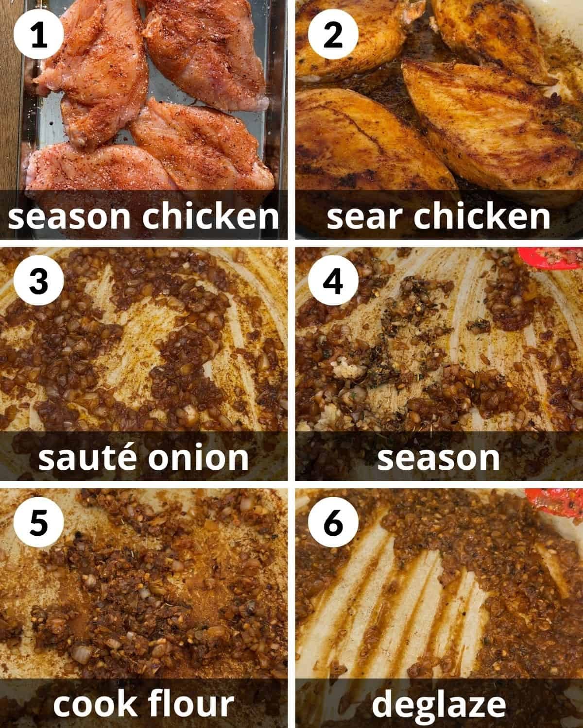 A 6 photo collage showing the beginning assembly of creamy lemon chicken.