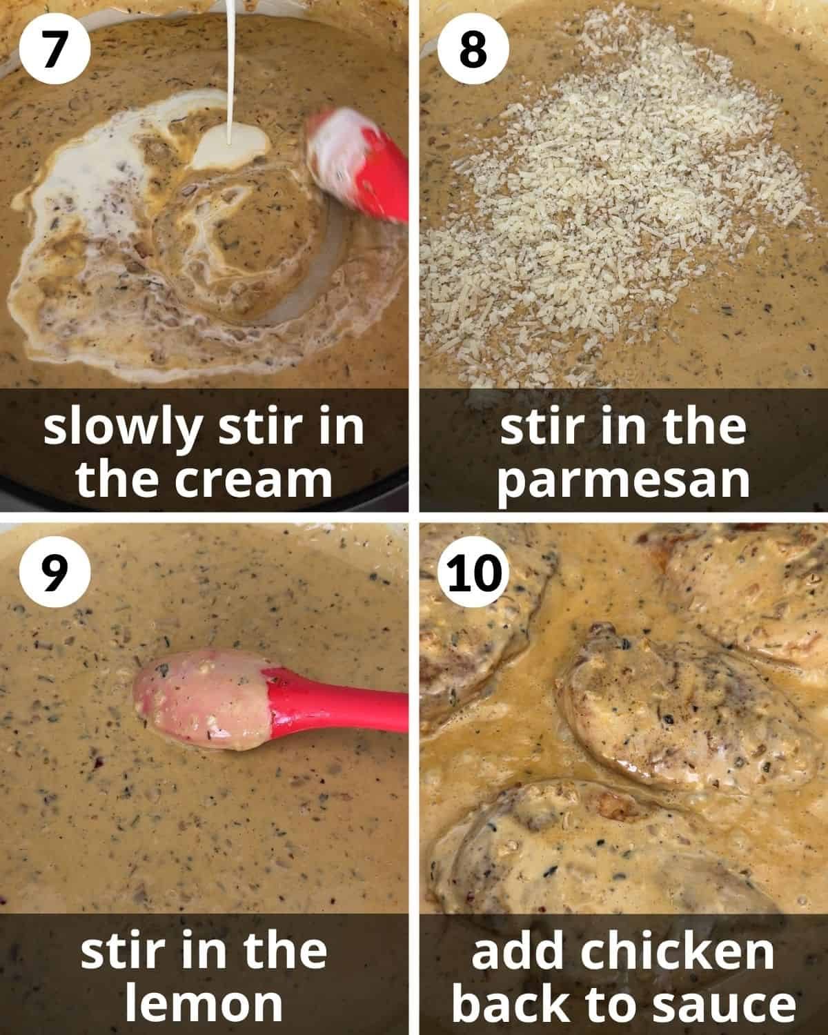A 4 photo collage showing the final assembly of creamy lemon chicken.