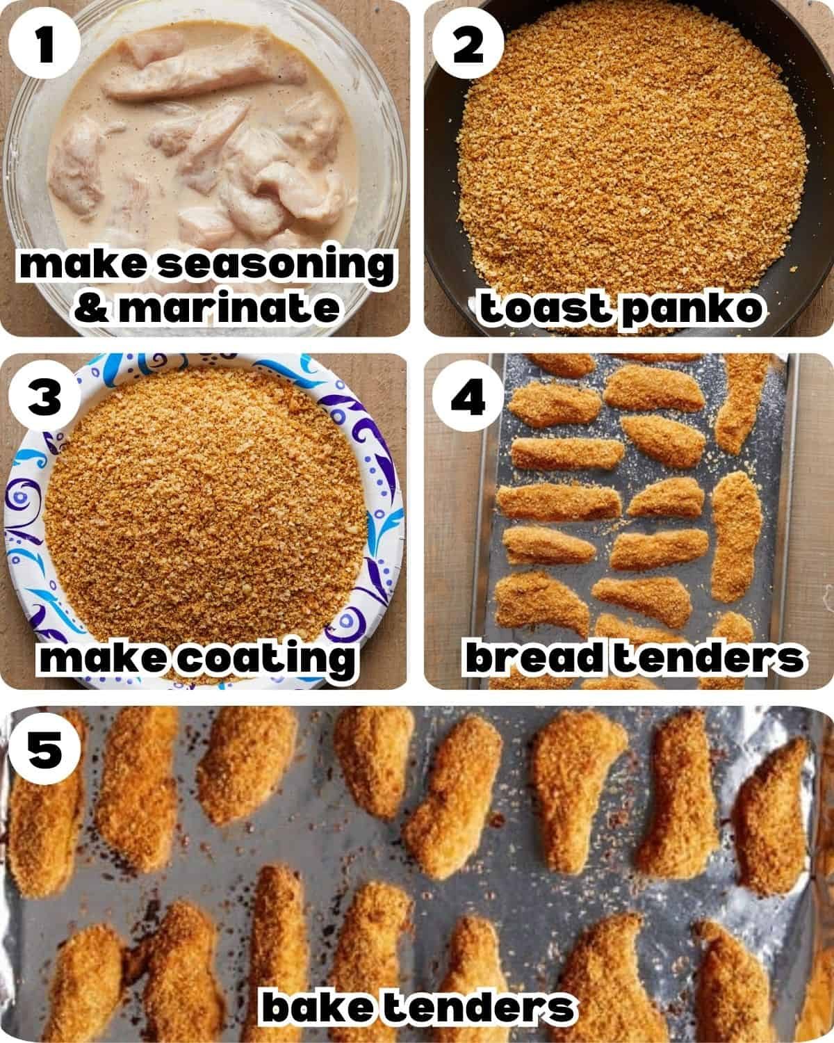 Five-step collage showing chicken in the binder, toasted panko, the finished crumb mixture, breaded tenders on a sheet pan, and baked chicken tenders.