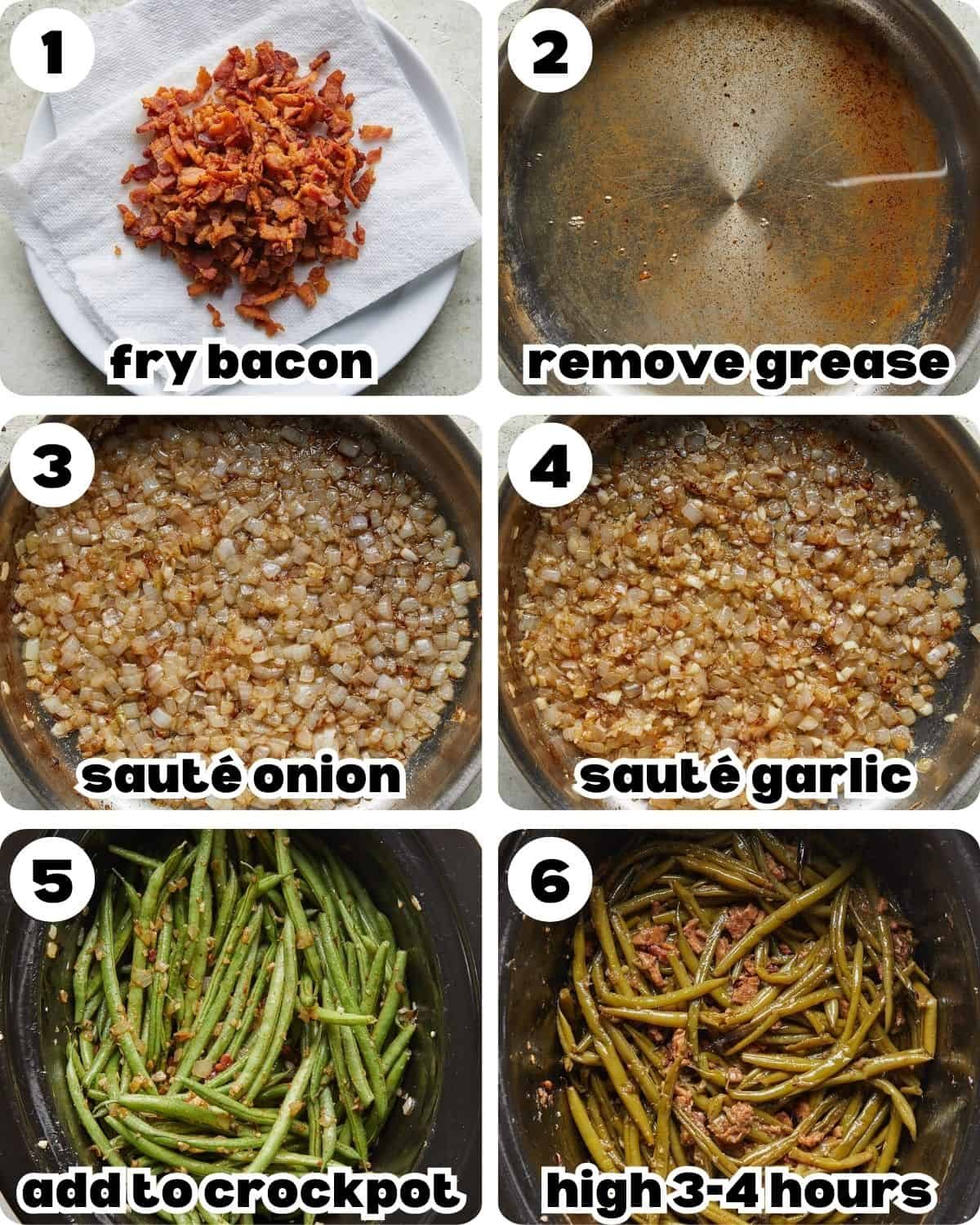 A 6 photo collage showing the assembly of crockpot green beans.