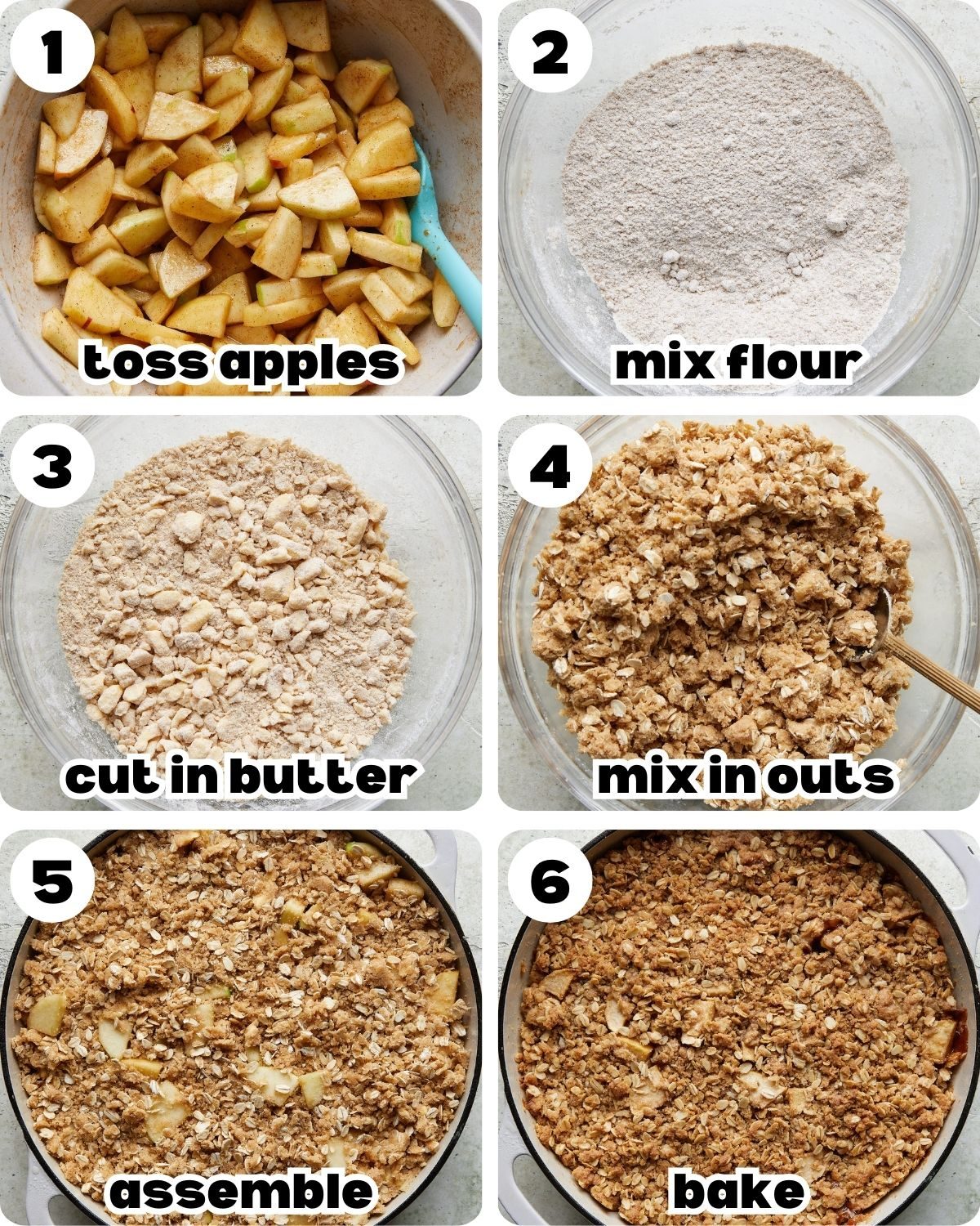 A six photo collage showing the steps for dutch oven apple crisp.