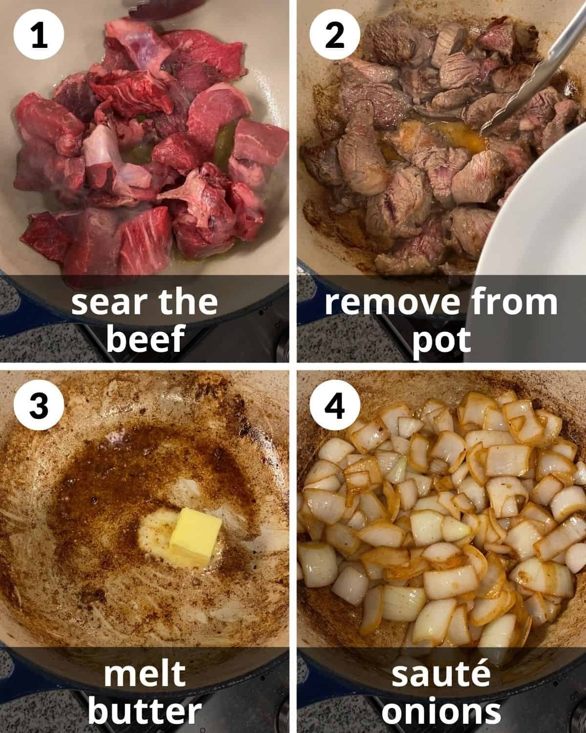 A four photo collage showing the first four steps for dutch oven beef stew with red wine.