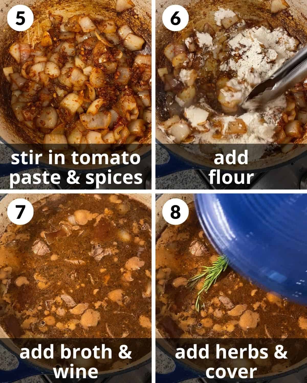 A four photo collage showing steps 5 through 8 to make dutch oven beef stew with red wine.
