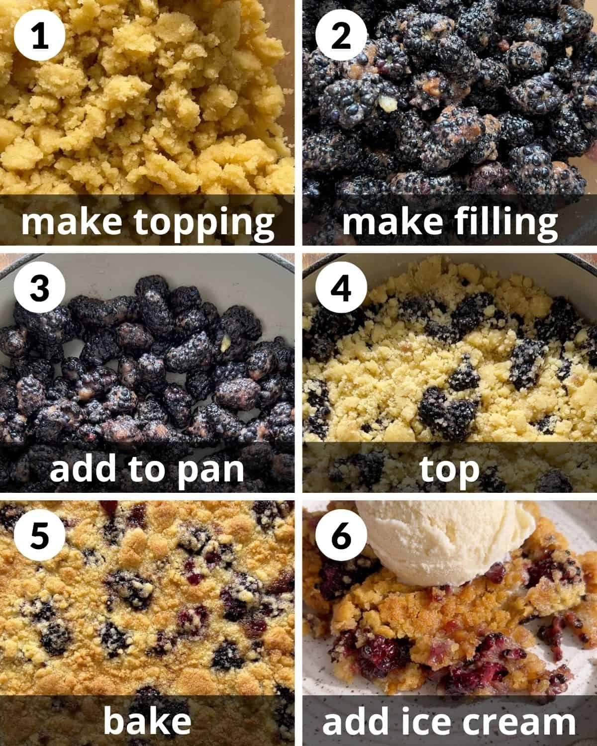 A 6 photo collage showing the assembly of dutch oven blackberry cobbler.