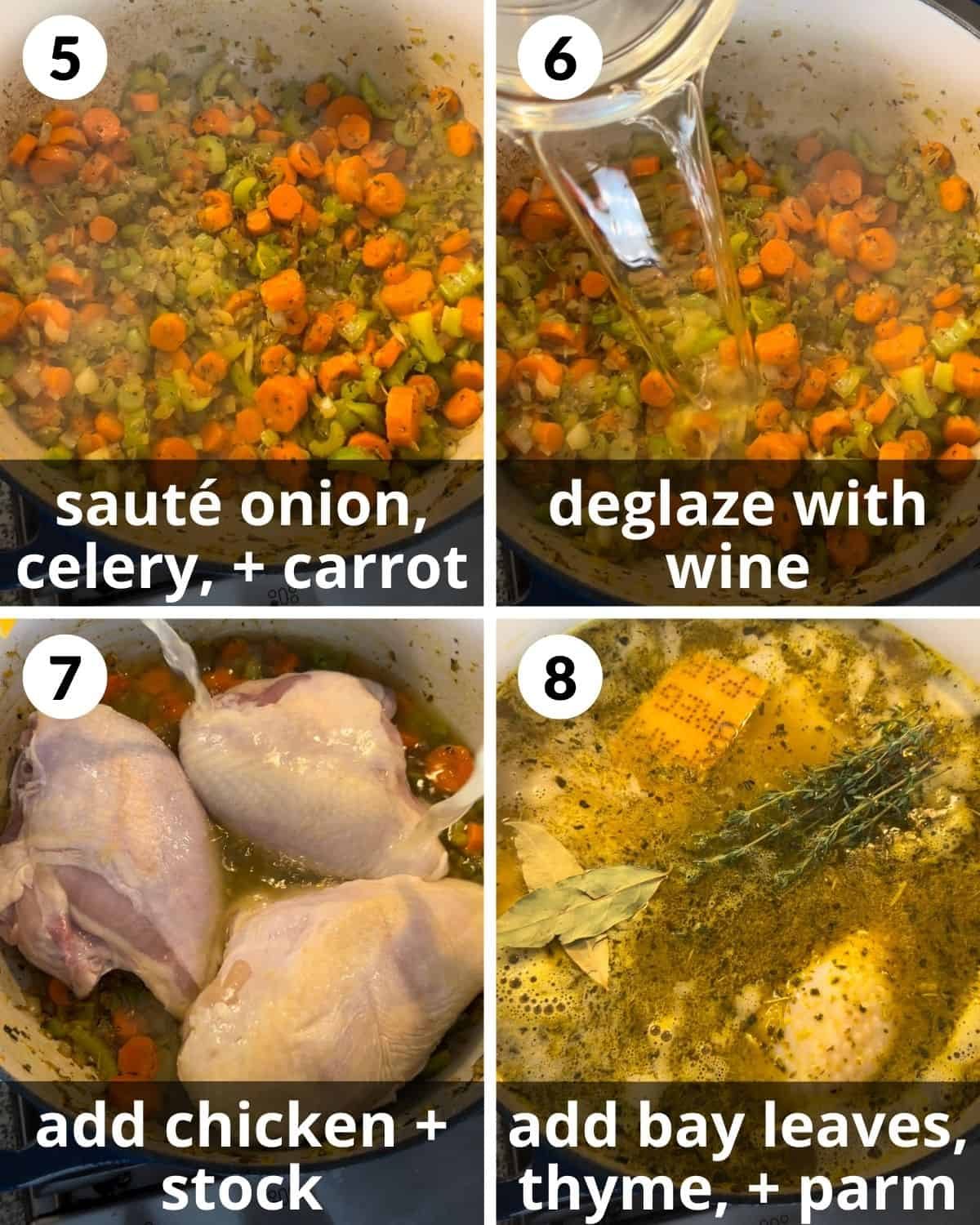 A 4 photo collage showing how to cook veggies and add chicken/broth.