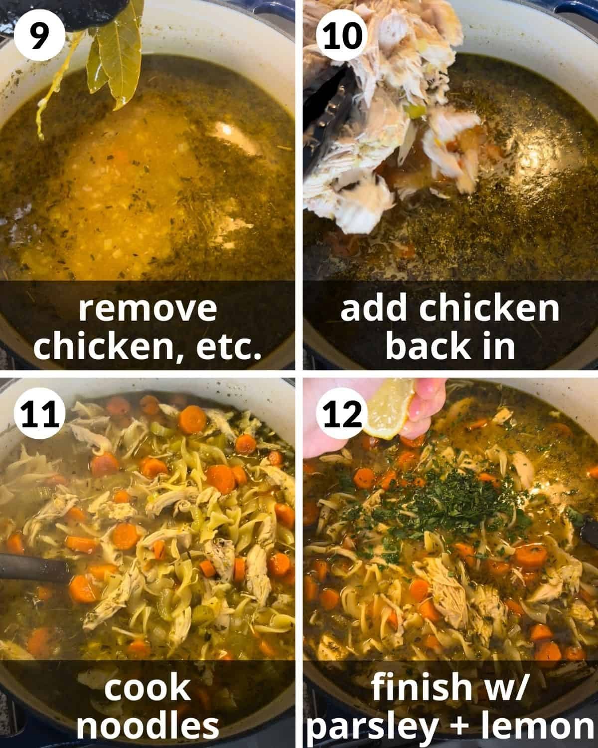 A 4 photo collage showing how to simmer the soup and cook noodles.