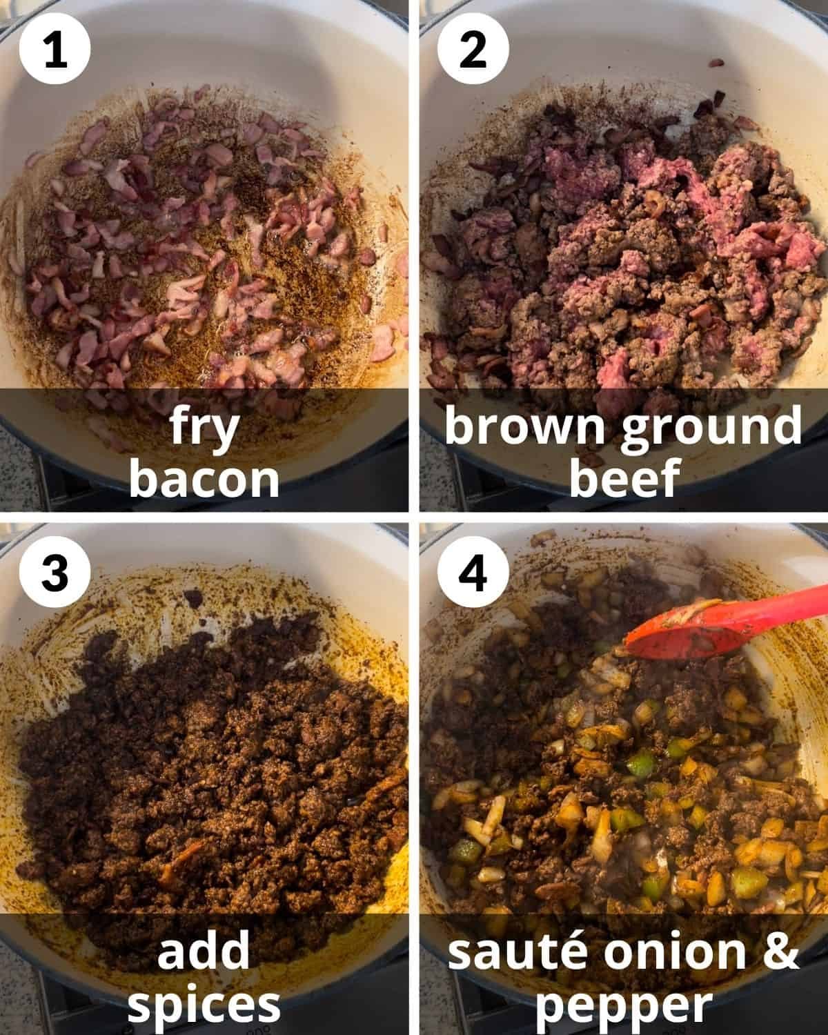 A 4 photo collage of brown beef and spices.