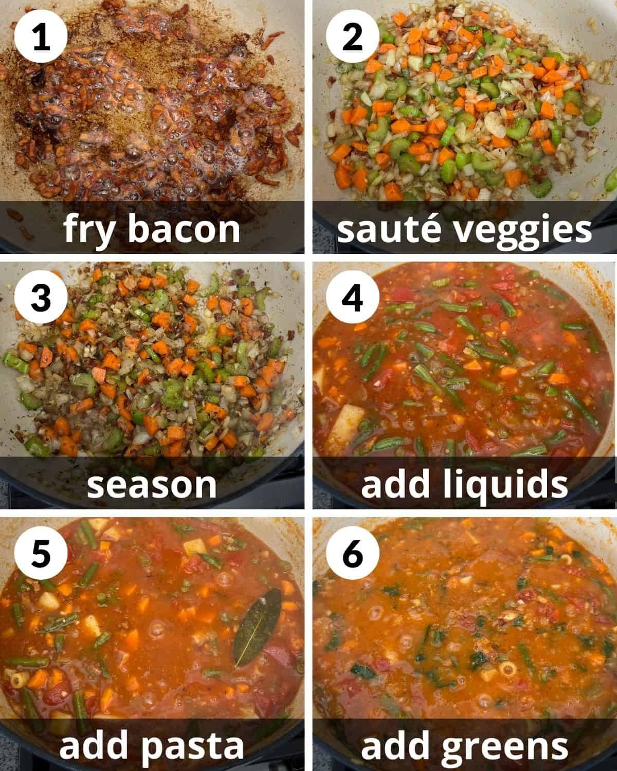 A 6 photo collage showing the assembly of dutch oven minestrone soup.