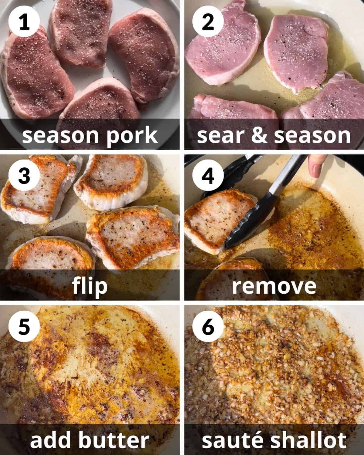 A 6 photo collage showing the steps for dutch oven pork chops.