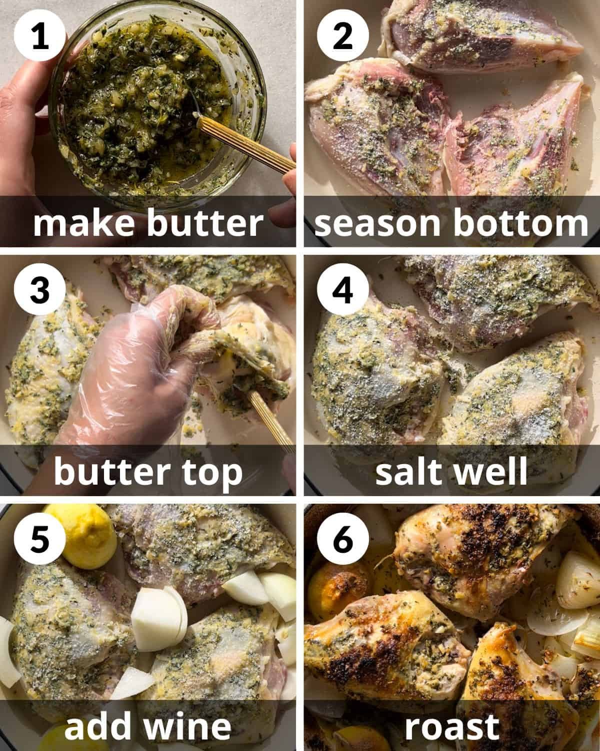 A 6 photo collage showing how to assemble the chicken breast.