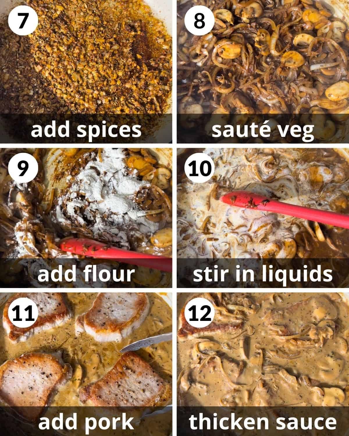 A 6 photo collage showing next six steps for dutch oven pork chops.