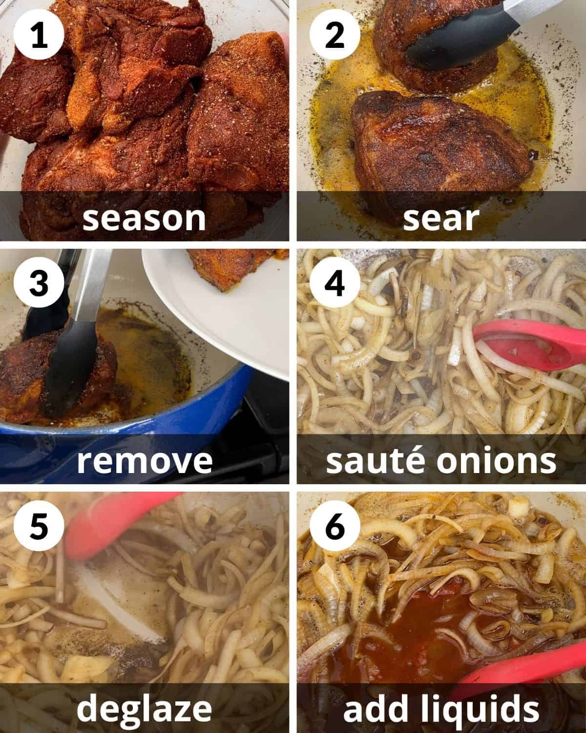 A 6 photo collage showing the assembly of dutch oven pulled pork.