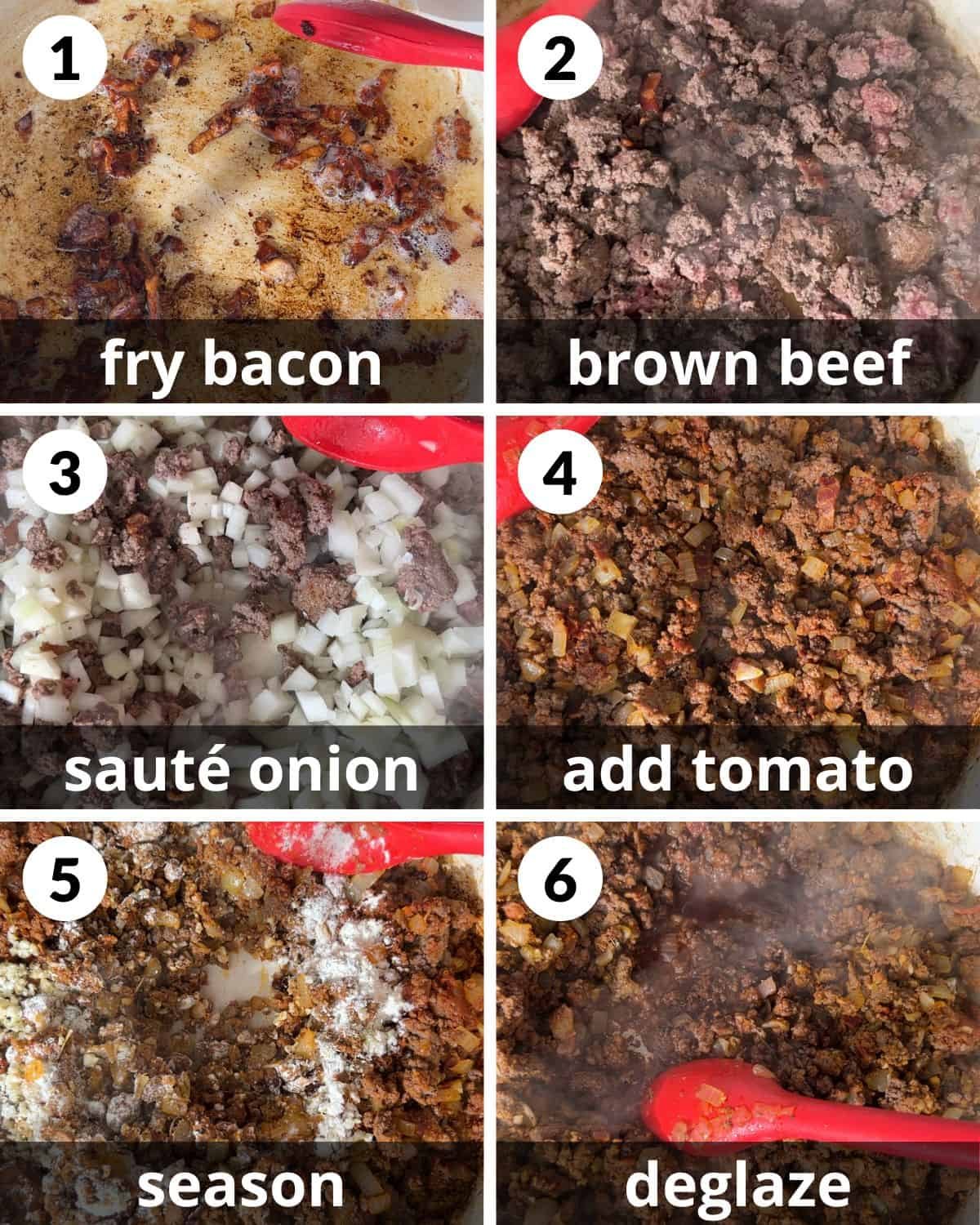 A 6 photo collage showing the assembly of dutch oven shepherds pie.