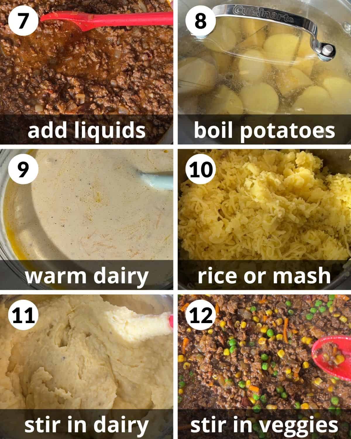 A 6 photo collage showing further assembly of shepherds pie in dutch oven.