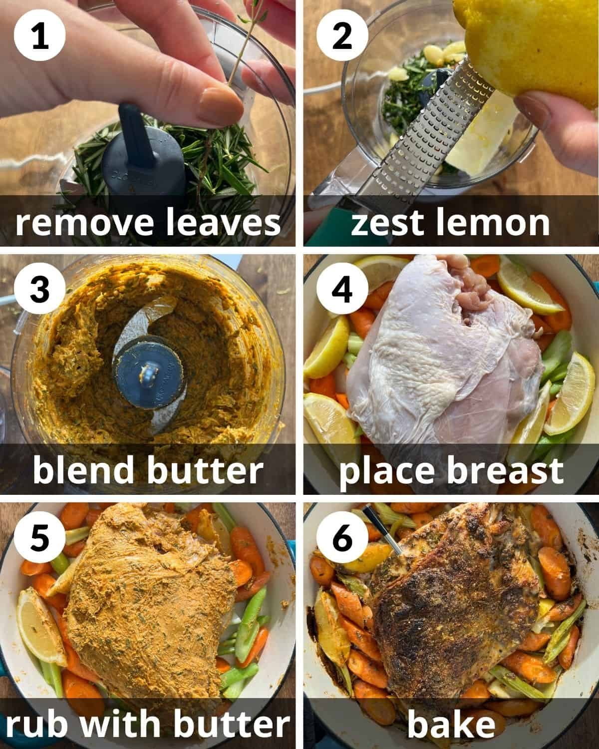 A 6 photo collage showing the steps to make a dutch oven turkey breast.