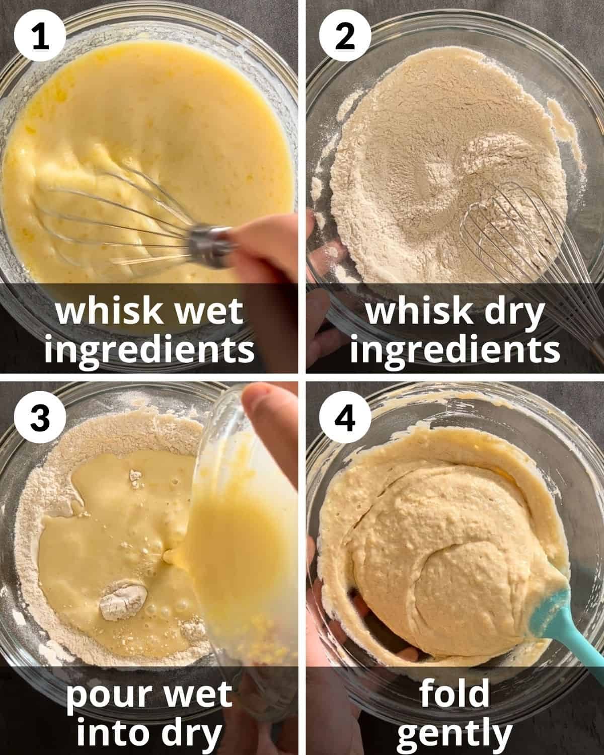 A 4 photo collage showing the beginning steps for buttermilk pancakes.