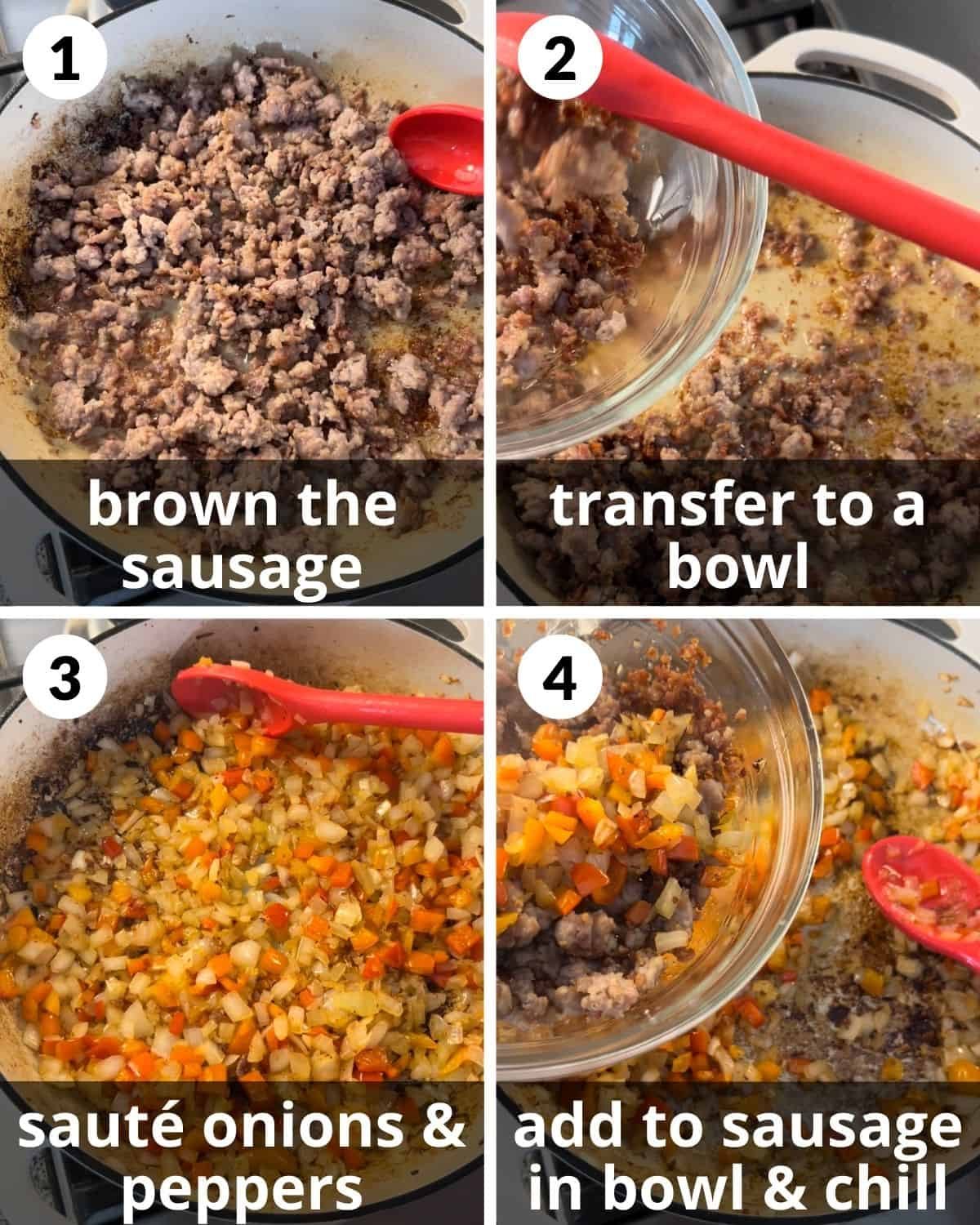 A 4 photo collage showing brown the sausage and veggies.
