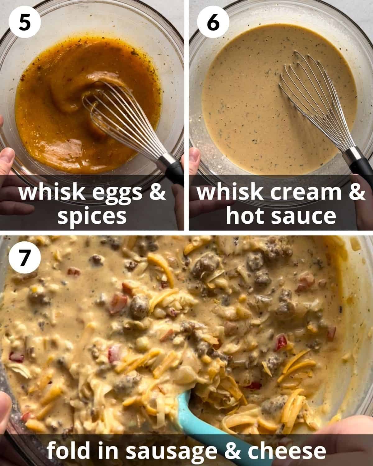 A 3 photo collage showing whisking the eggs and cream.