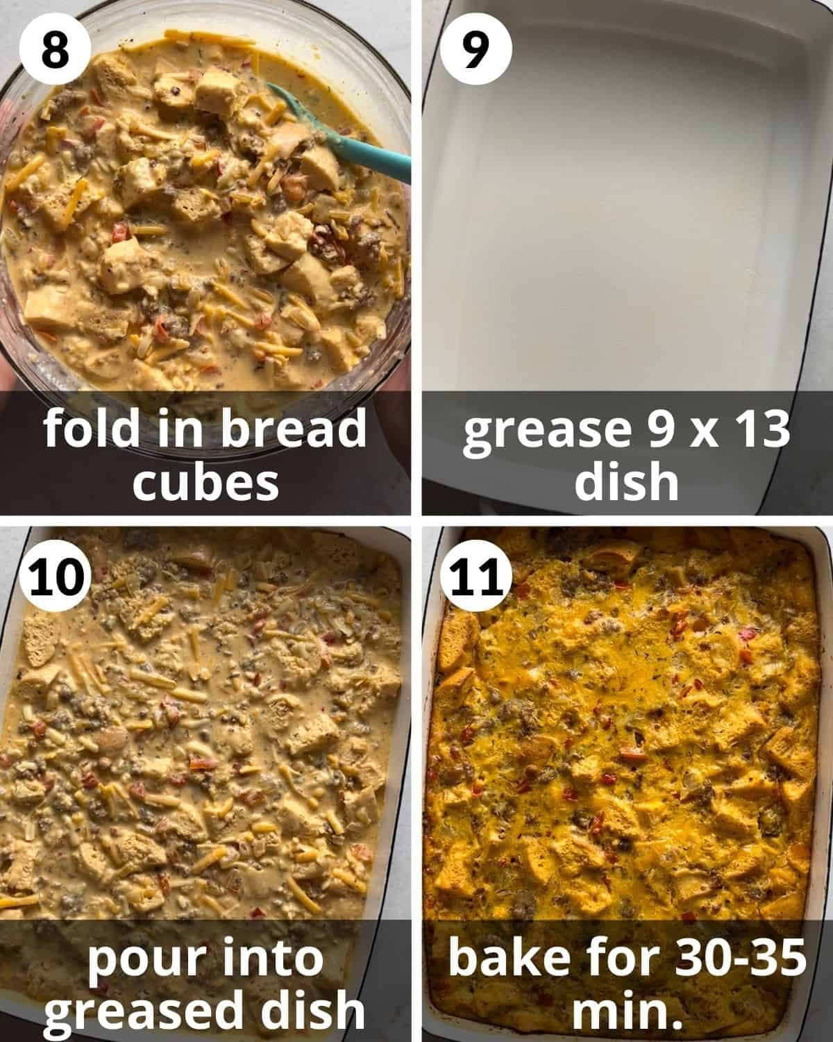 A 4 photo collage showing baking the sausage egg casserole.