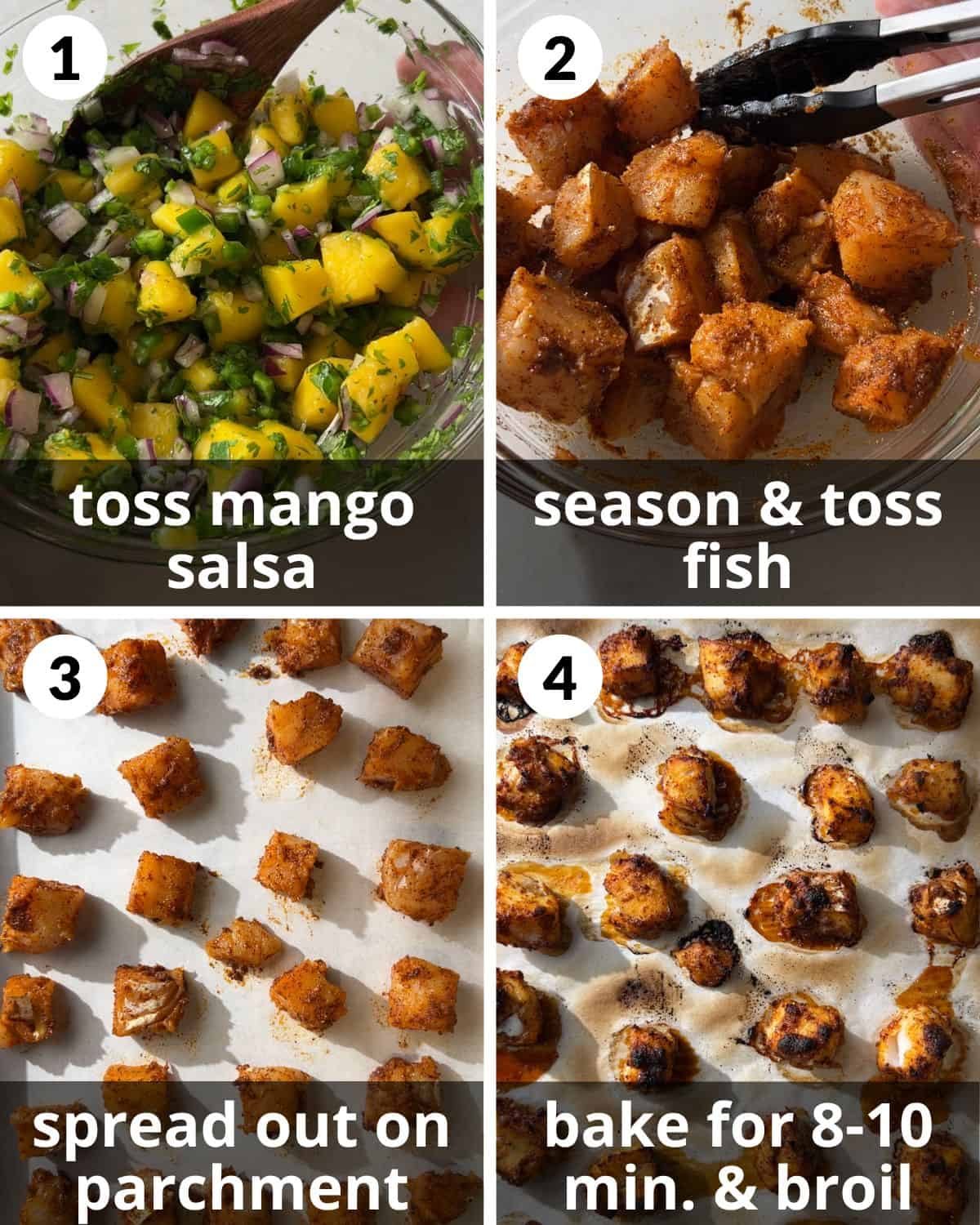 A 4 photo collage showing the assembly of fish tacos and mango salsa.
