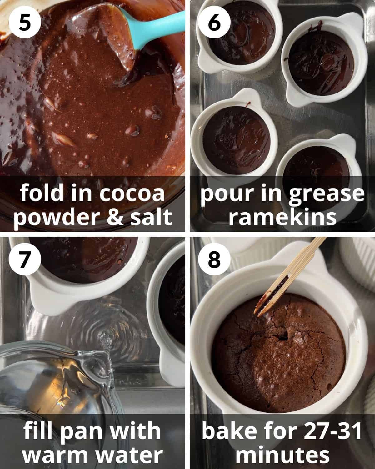 A 4 photo collage showing the final assembly of mini flourless chocolate cakes.