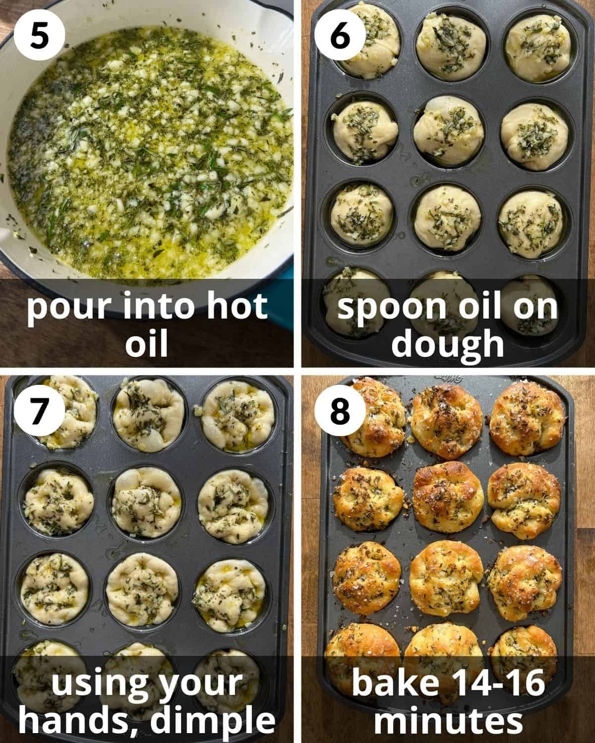 A 4 photo collage showing the final assembly of focaccia muffins.