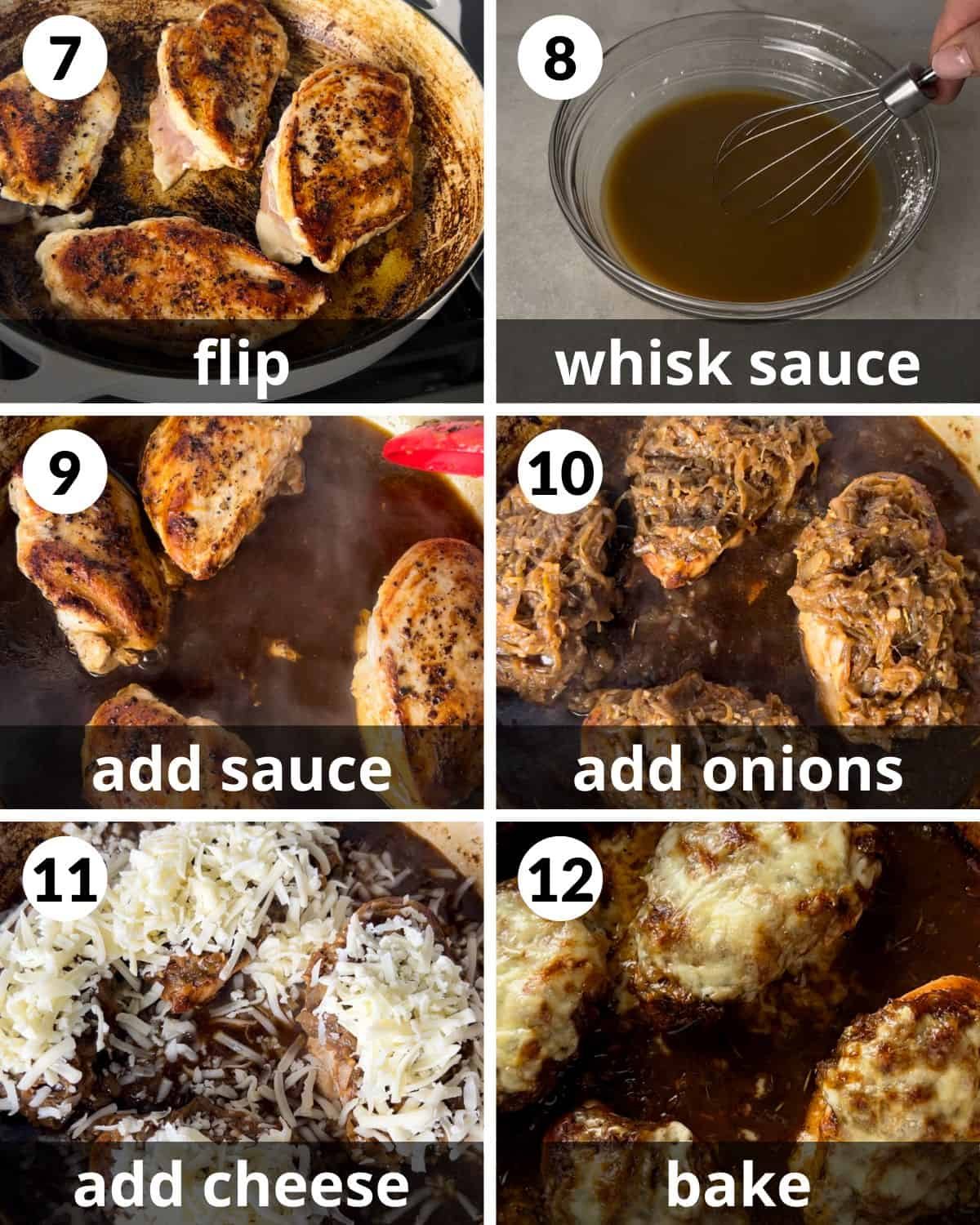 A 6 photo collage showing the final assembly of french onion chicken bake.