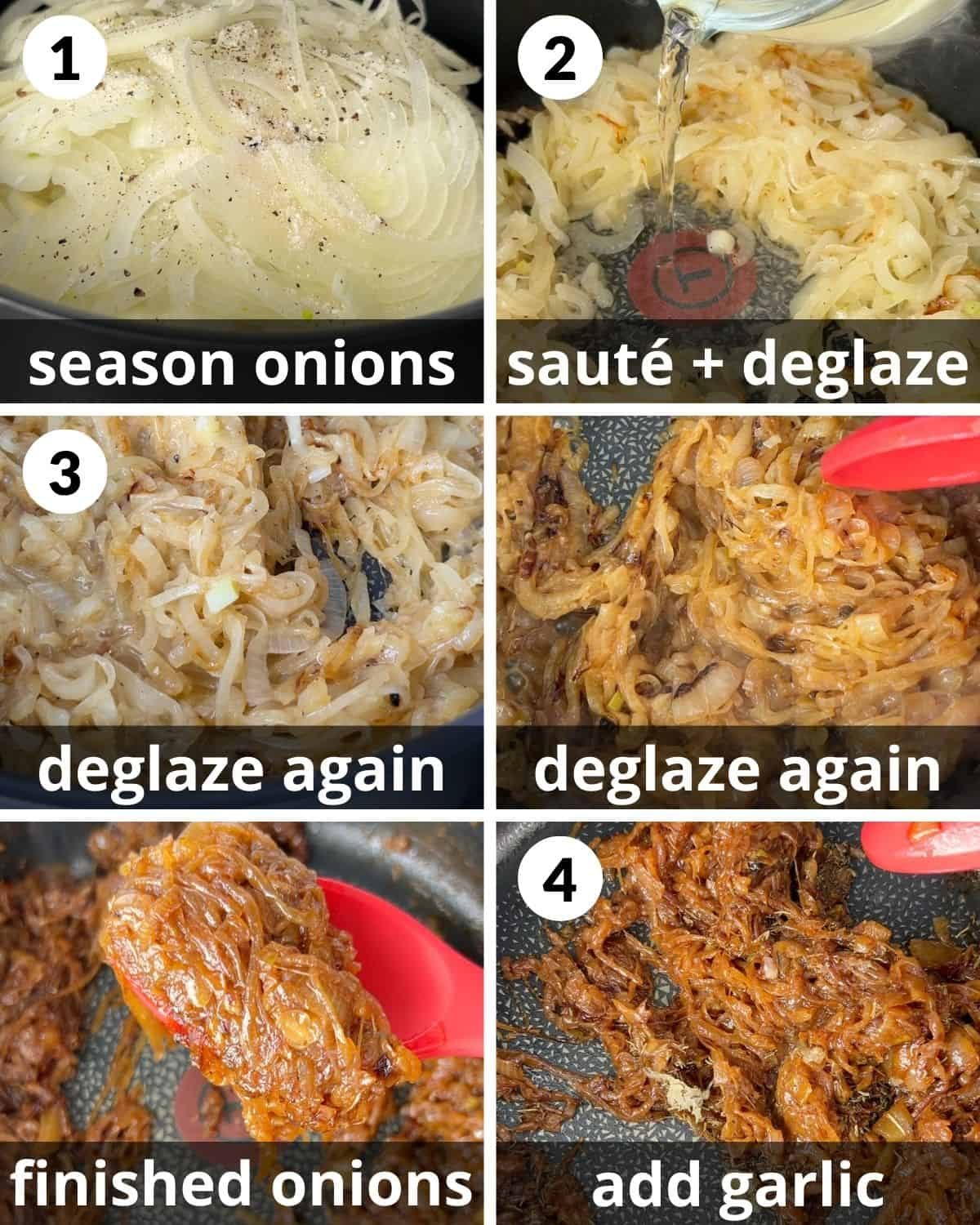 A 6 photo collage showing the beginning assembly of french onion mac and cheese.