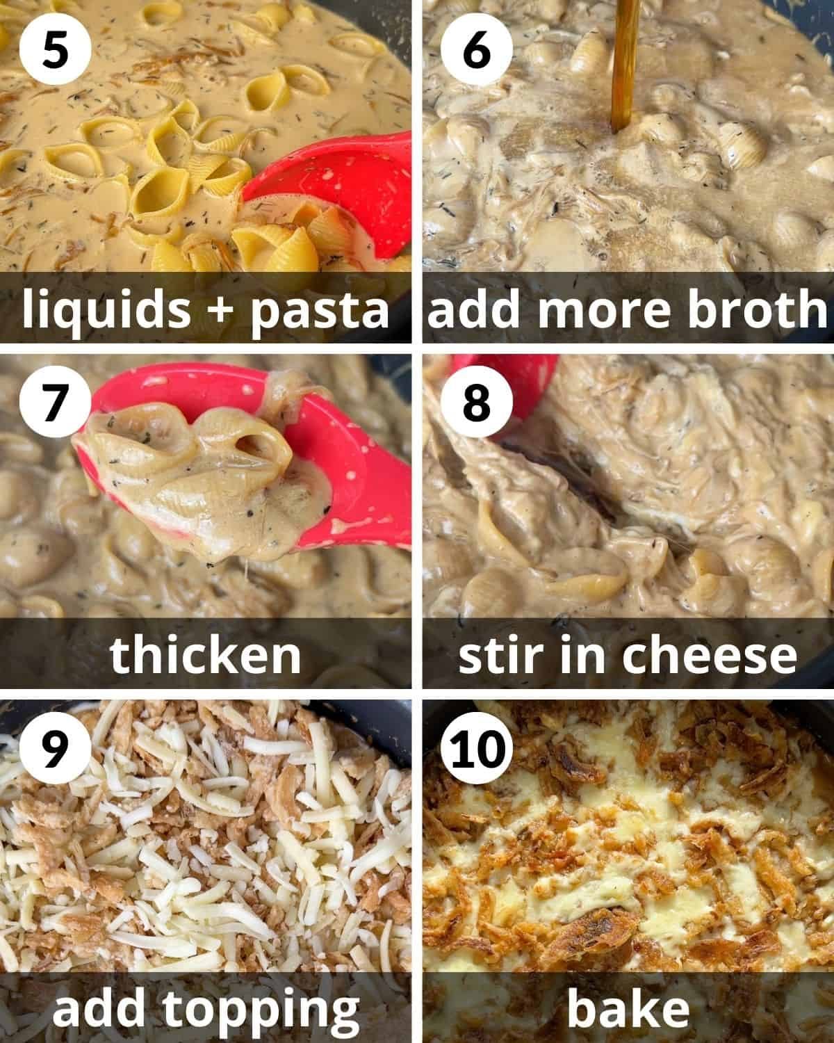 A 6 photo collage showing the final assembly of french onion mac and cheese.