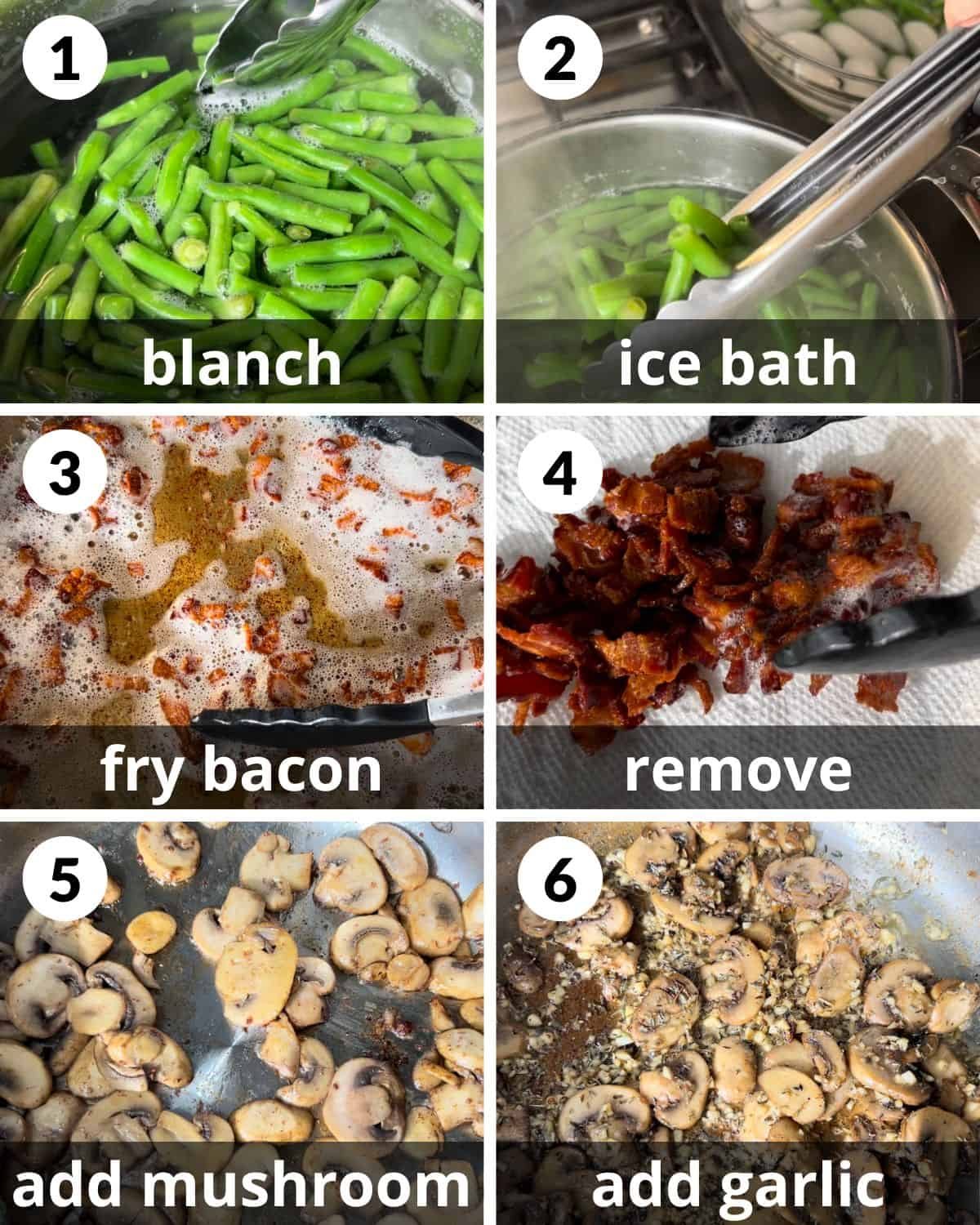 A 6 photo collage showing the beginning steps of green bean casserole with bacon and mushrooms.