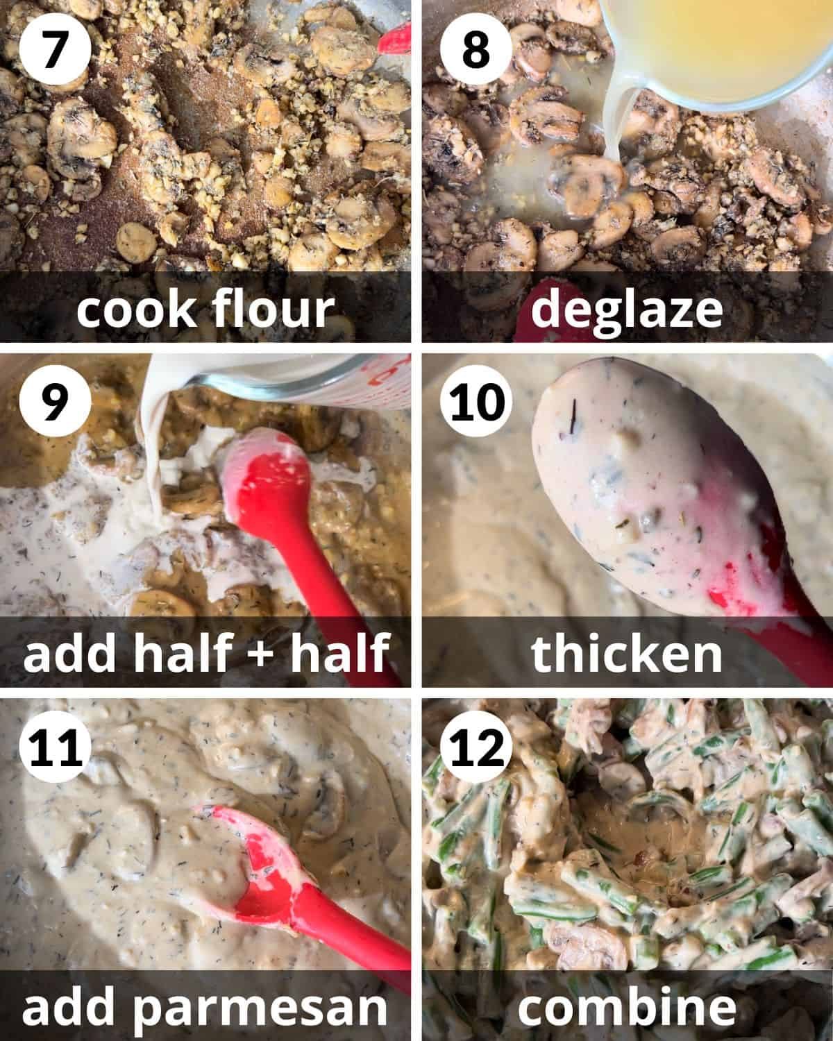 A 6 photo collage showing the middle steps for green bean casserole with bacon and mushrooms.