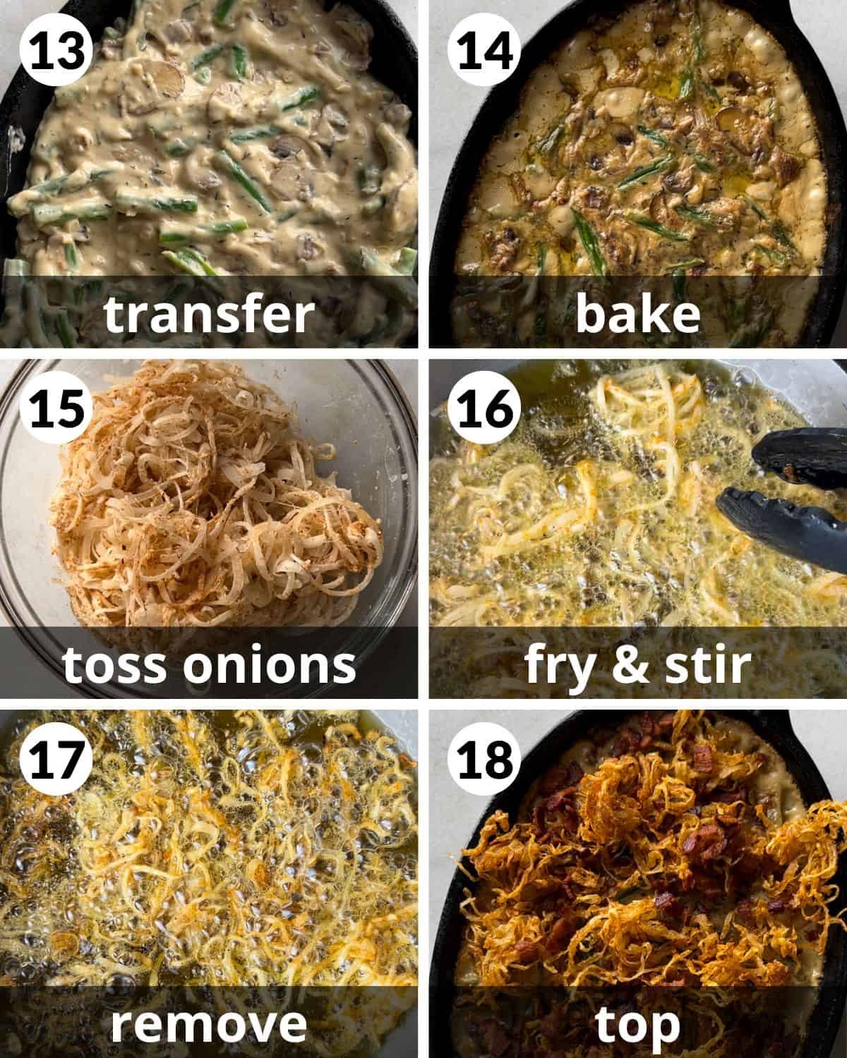 A 6 photo collage showing the final steps for green bean casserole with bacon and mushrooms.