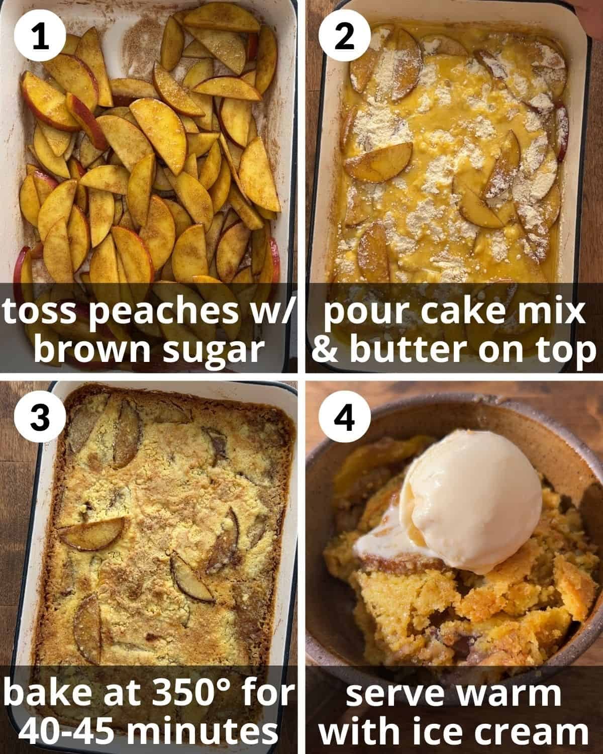 A four photo collage showing the assembly of peach dump cake.