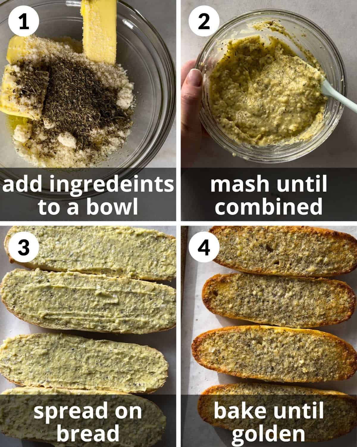 A 4 photo collage showing the assembly of garlic bread spread.