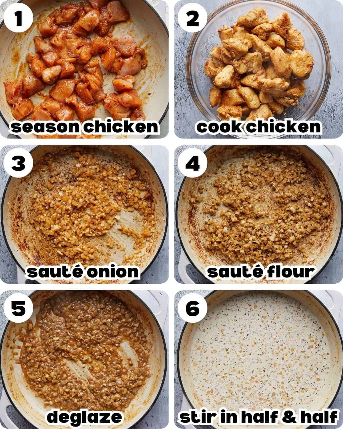 A 6 image collage showing the beginning steps of garlic chicken pasta.