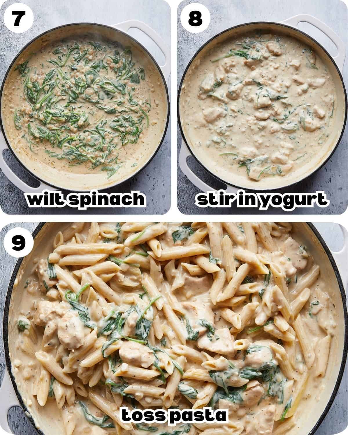 A 3 photo collage showing the final steps for garlic chicken pasta.