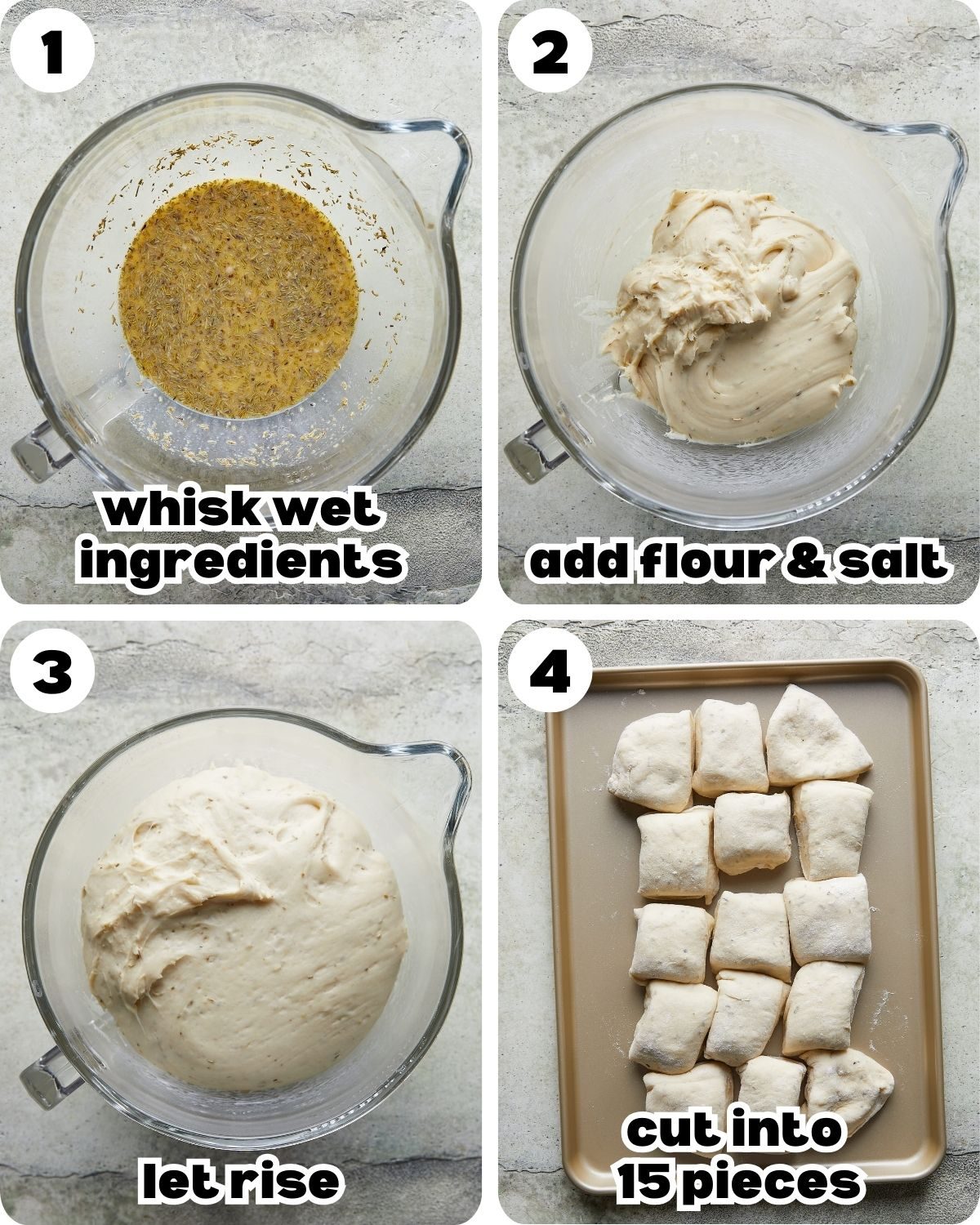Four-photo collage showing the beginning steps for making garlic rolls.